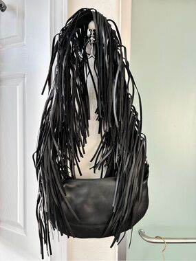 Anthropologie Black Fringe Leather Shoulder Bag